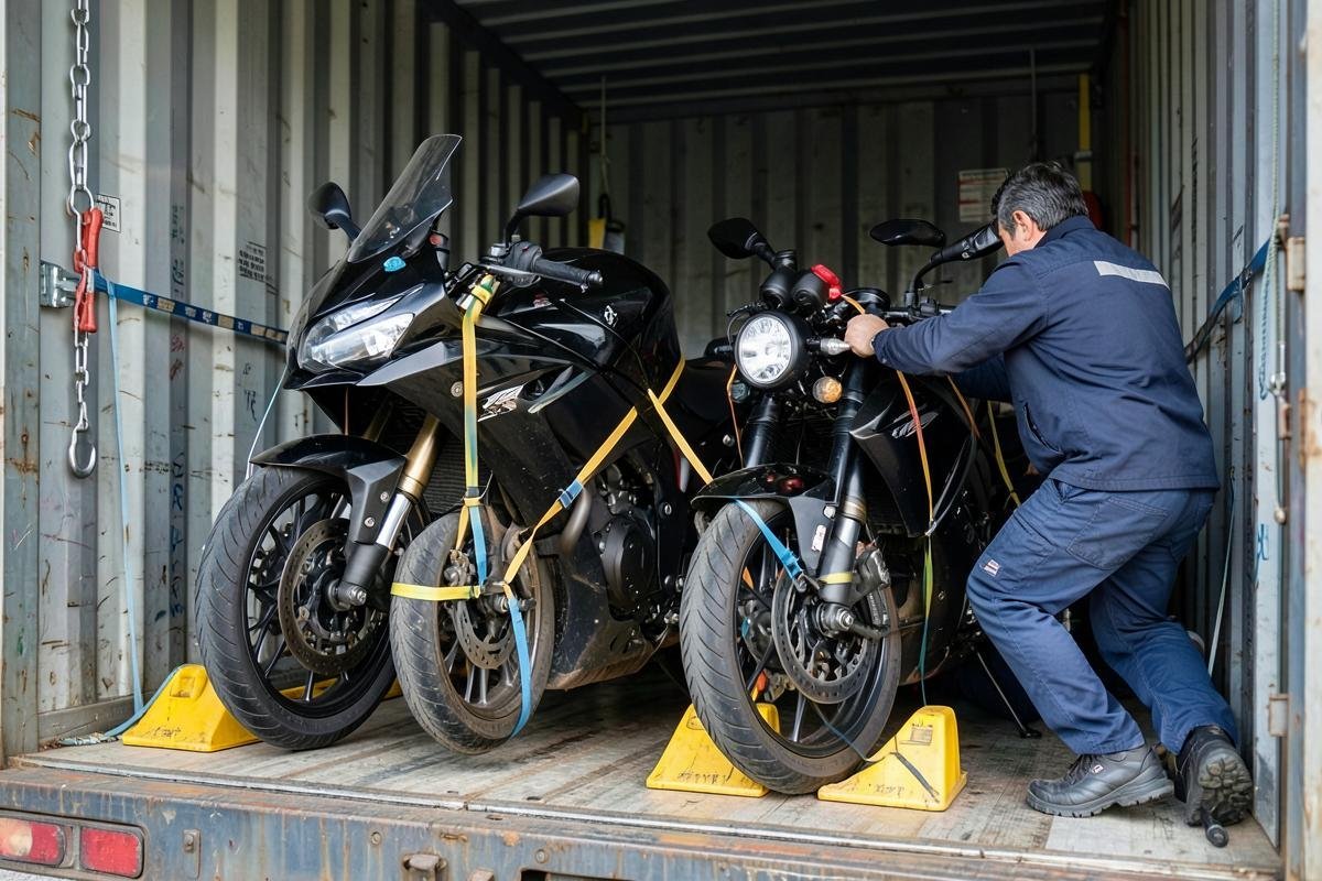 Motorcycle secured upright with straps inside a vehicle carrier