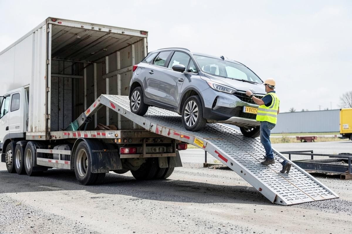 Car being driven onto the deck of a car carrier for loading